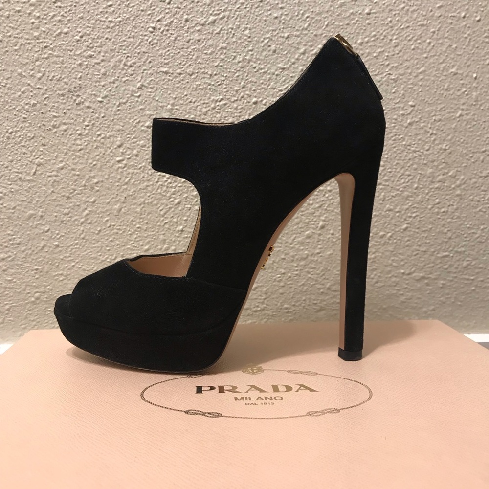 Prada Black Suede Peep Toe Heels, Size 37 - Picture 3 of 6